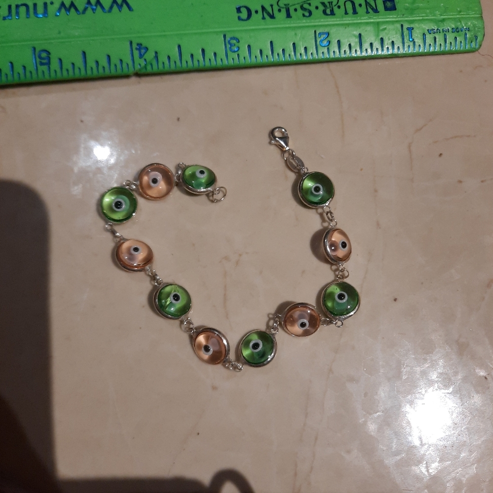 Authentic Evil Eye Genuine Solid Sterling Silver Bracelet 7.25" Pink💗 Green💚